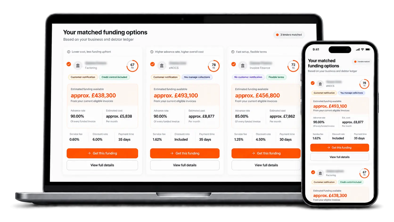 Your matched funding options shown on a laptop and phone